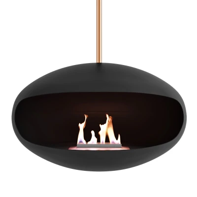 Cocoon Aeris Nero + Asta rame - Biocamino Sospeso Cocoon Fires Aeris biocamino a soffitto nero con barra in rame – design moderno